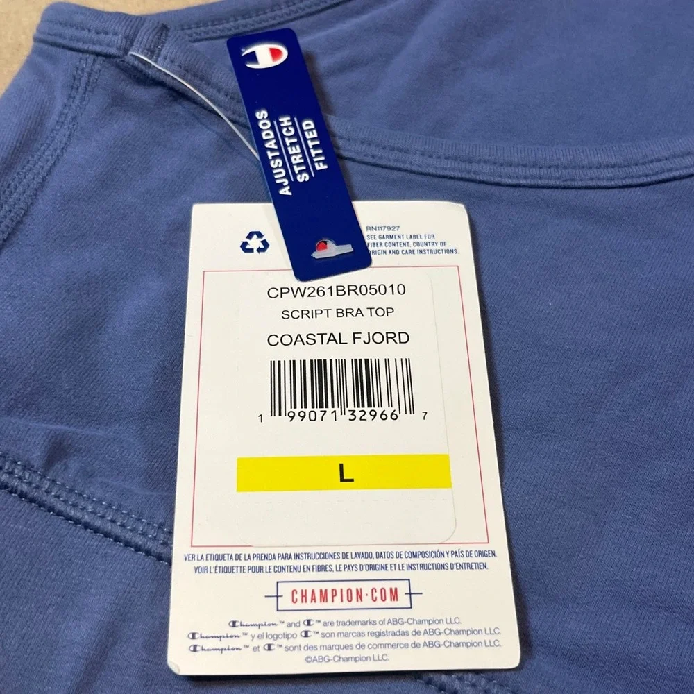 Champion Womens Script Bra Top Coastal Fjord Blue Racerback CPW261BR05010 NEW L